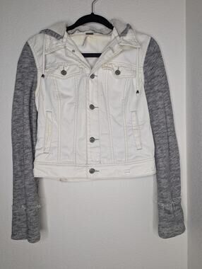 Free People White Denim Moto Jacket S Grey Knit Distressed Boho Punk Grunge Hood